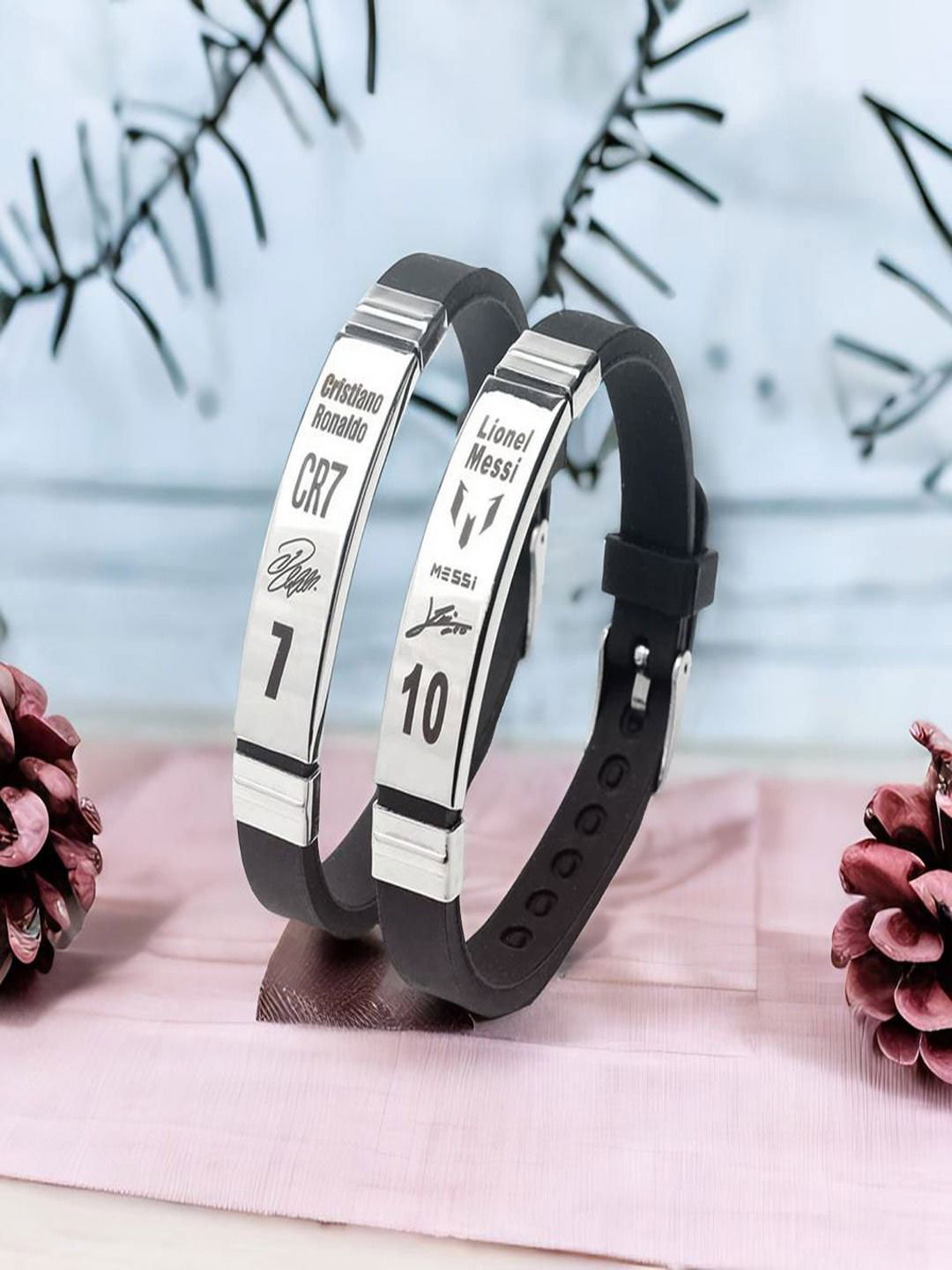 UNIVERSITY TRENDZ Men Set Of 2 Silver-Plated CR7 Ronaldo & Lionel Messi Leather Bracelet