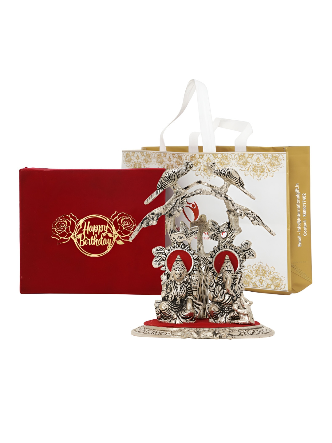 INTERNATIONAL GIFT Laxmi Ganesh Tree Silver Metal Metallic Living Room Small Showpiece - 7.9 Inches