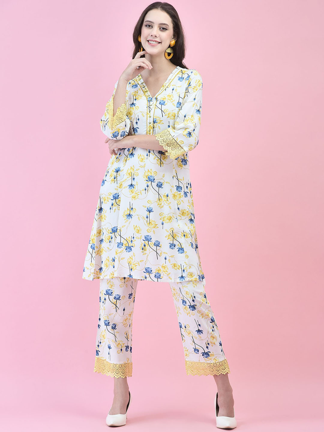 Shree Floral Printed V Neck Tunic With Trousers