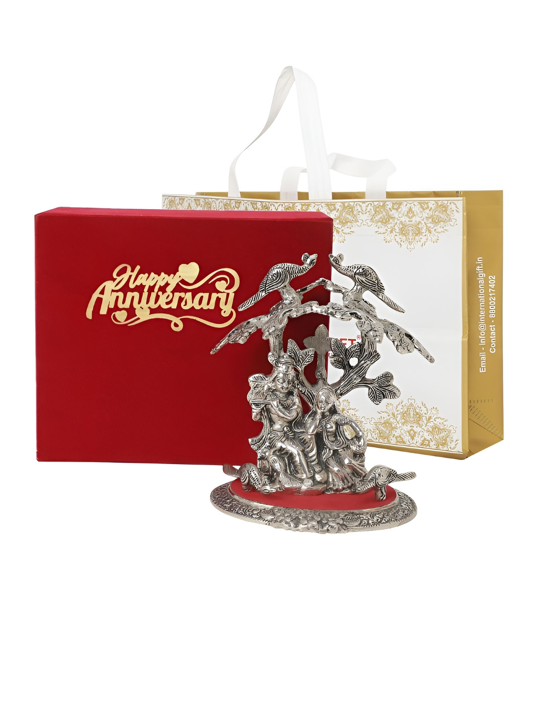 INTERNATIONAL GIFT Shree Radha Krishna Silver Metal Metallic Prayer Room Small Showpiece - 7.9 Inches