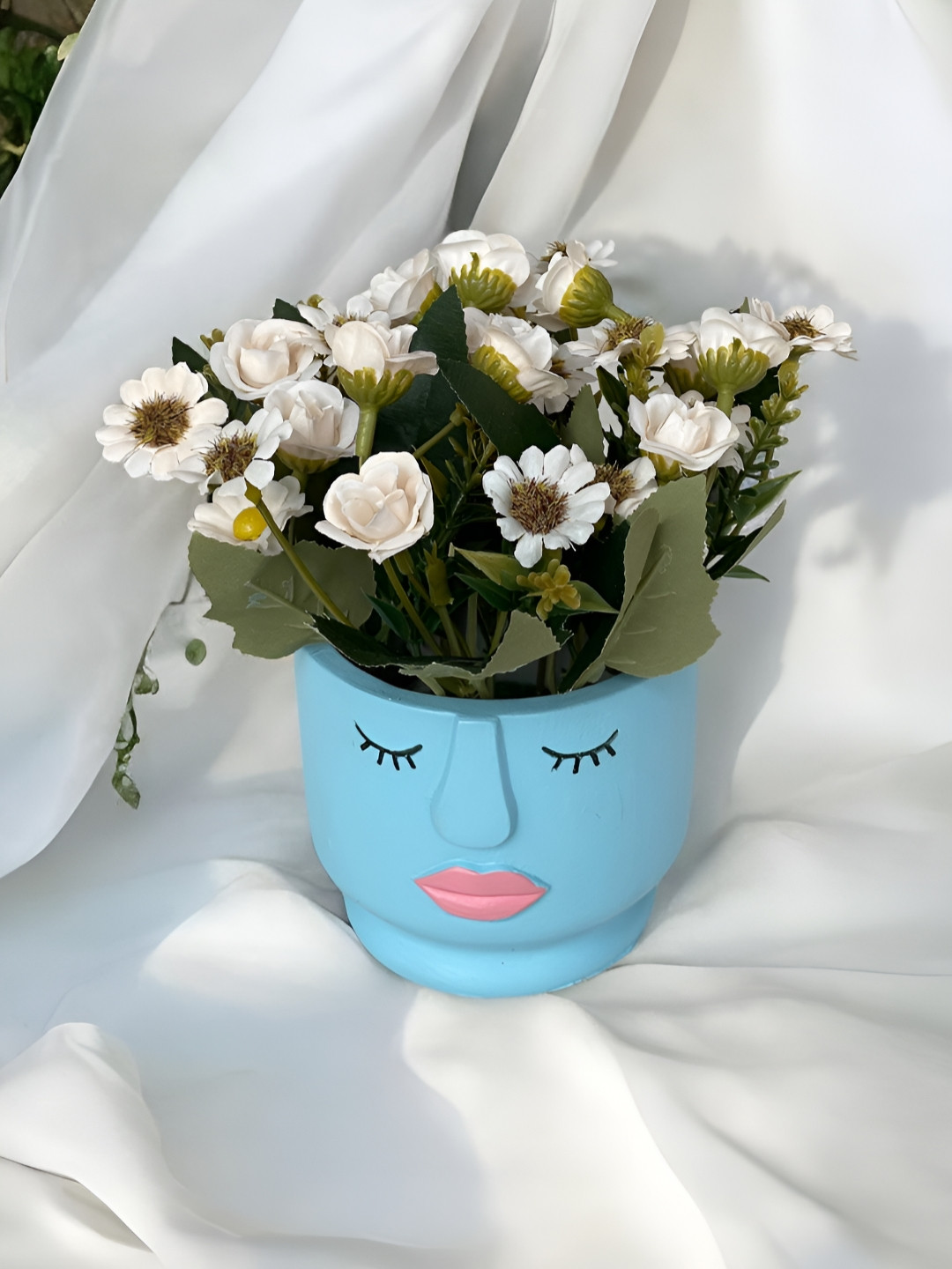 Art Street Green & Blue Artificial Daisy Bouquet Silk Flowers With Cement Vase