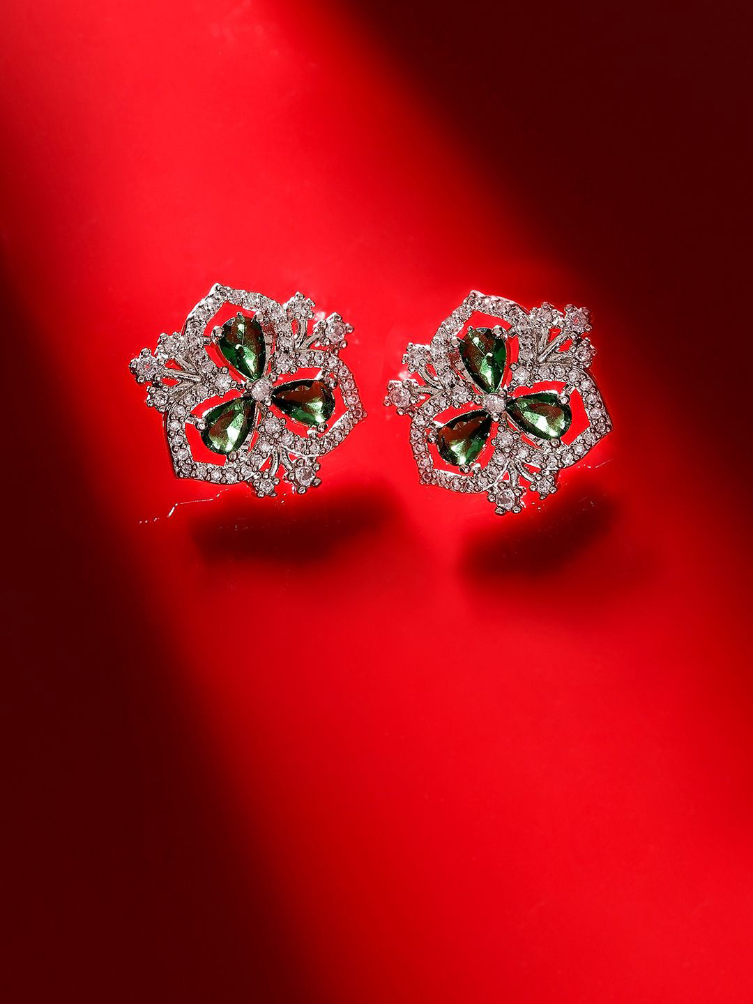 Priyaasi Silver Plated Floral Shaped American Diamond & Emerald Studded Earrings
