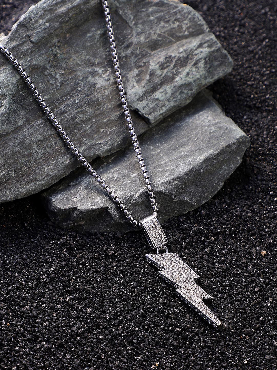 French Accent Men Silver-Plated Stone Studded Thunderbolt Pendant With Chain