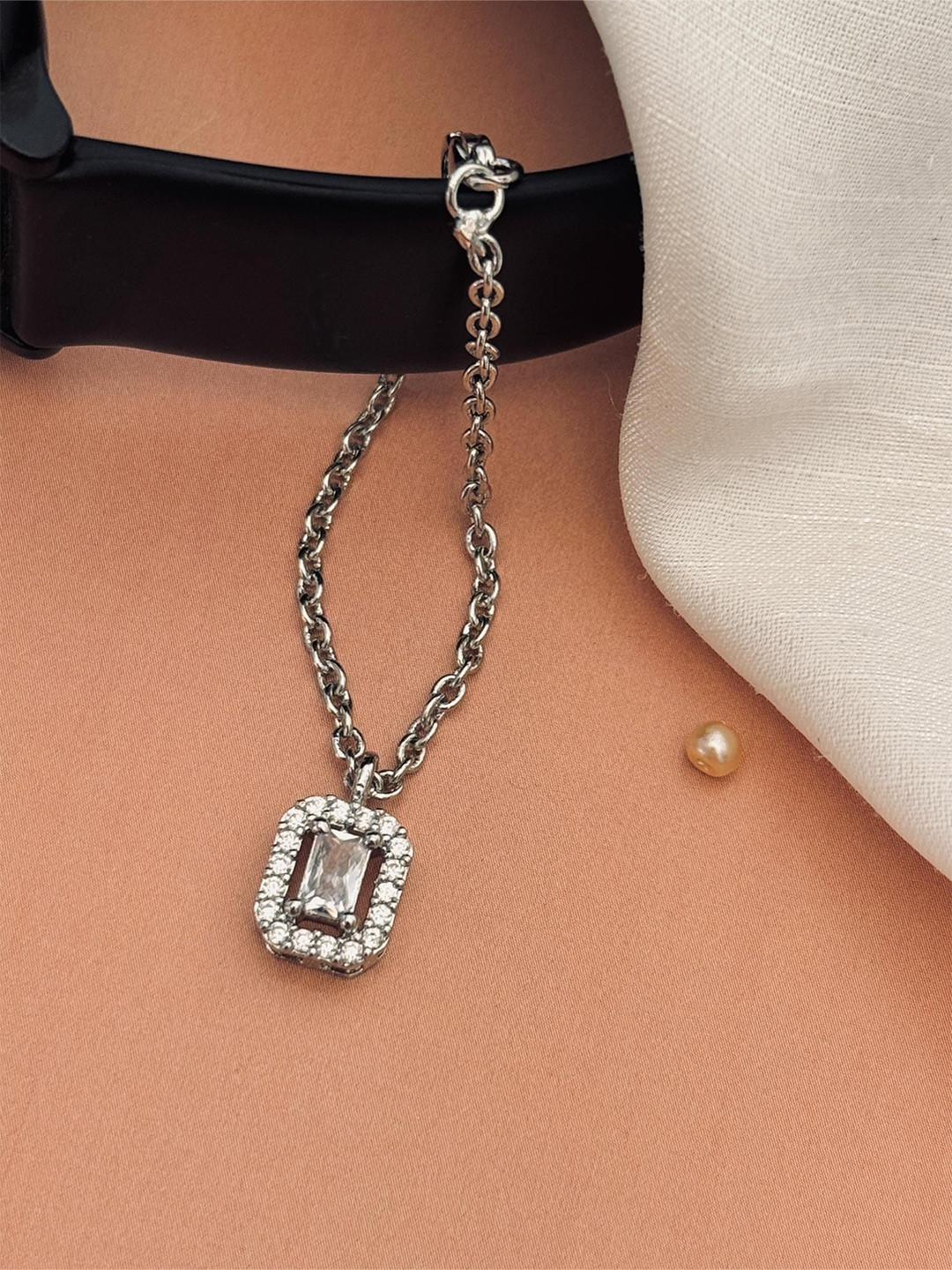 ABDESIGNS Silver Plated Rectangle American Diamond Stone Studded Watch Charm