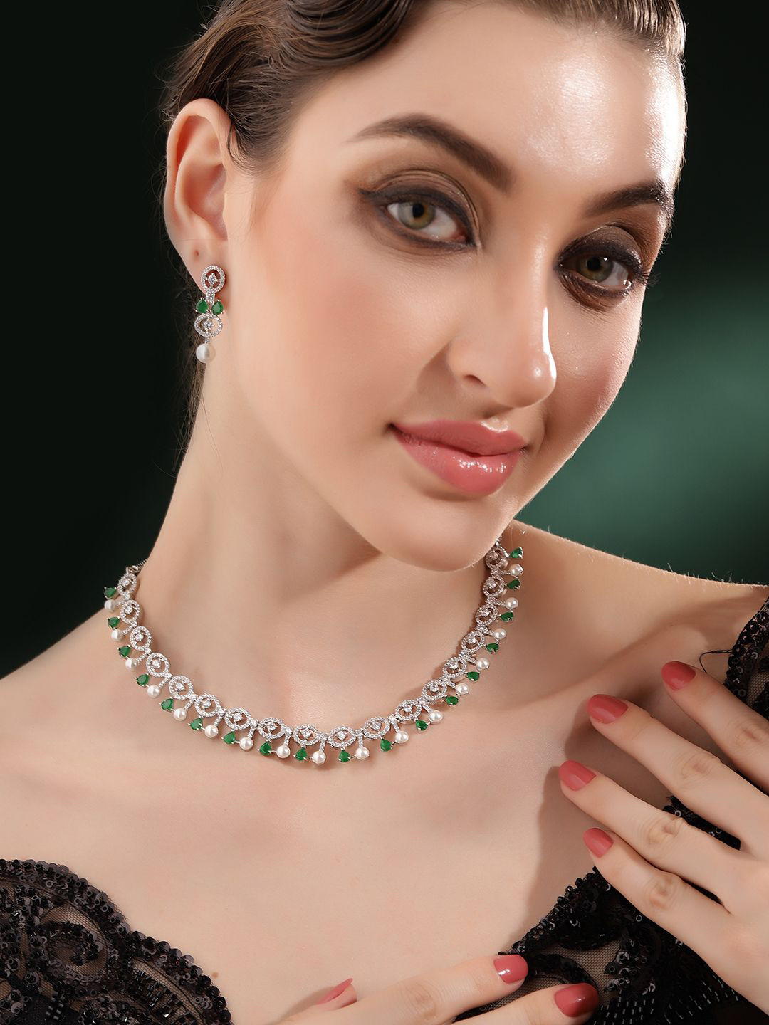 Priyaasi Elegance Silver Plated American Diamond Studded & Pearl Beaded Jewellery Set