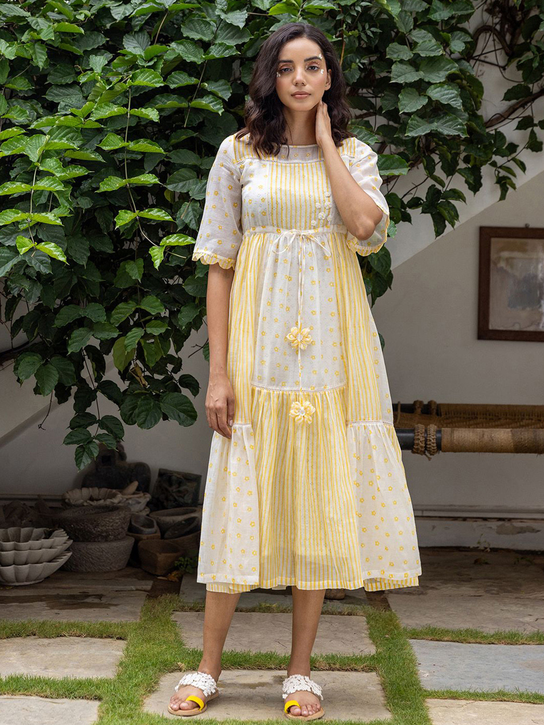 The Yellow Bow Colourblocked Fit and Flare Midi Dress