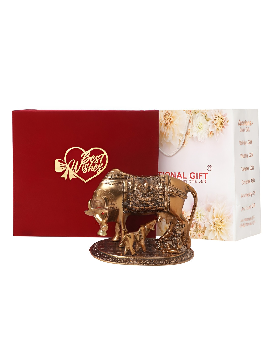 INTERNATIONAL GIFT Kamdhenu Cow Copper Metal Metallic Prayer Room Small Showpiece - 7.9 Inches