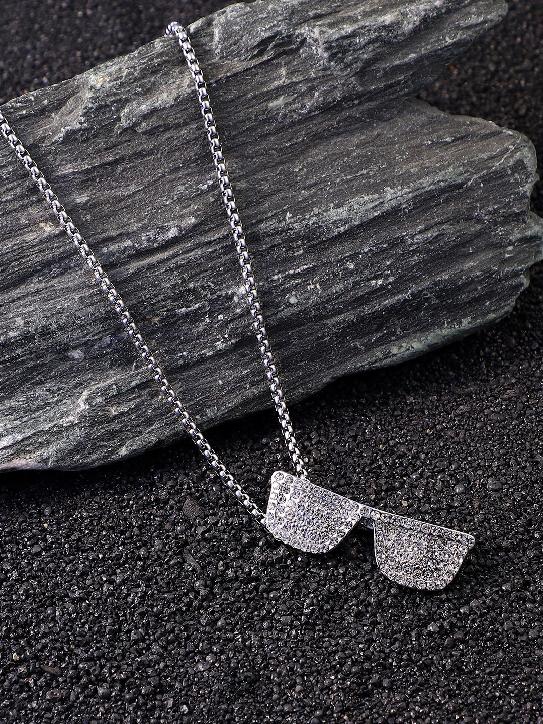 French Accent Men Silver Plated Stones Studded The Sunglass Pendant Comes With Chain