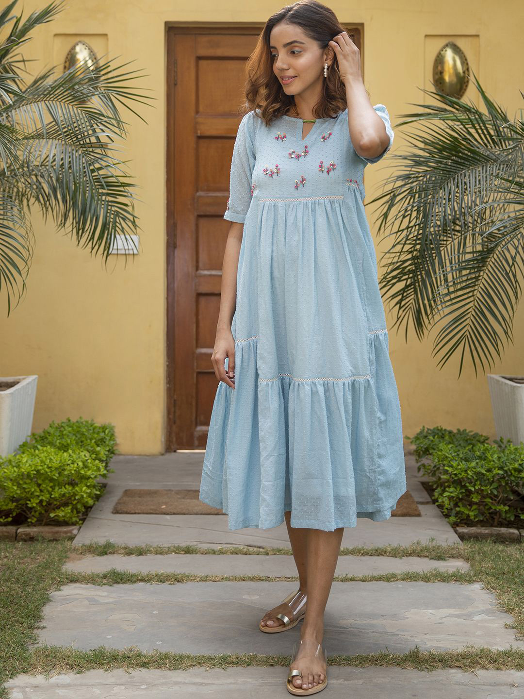 The Yellow Bow Self Design Cotton A-Line Midi Dress