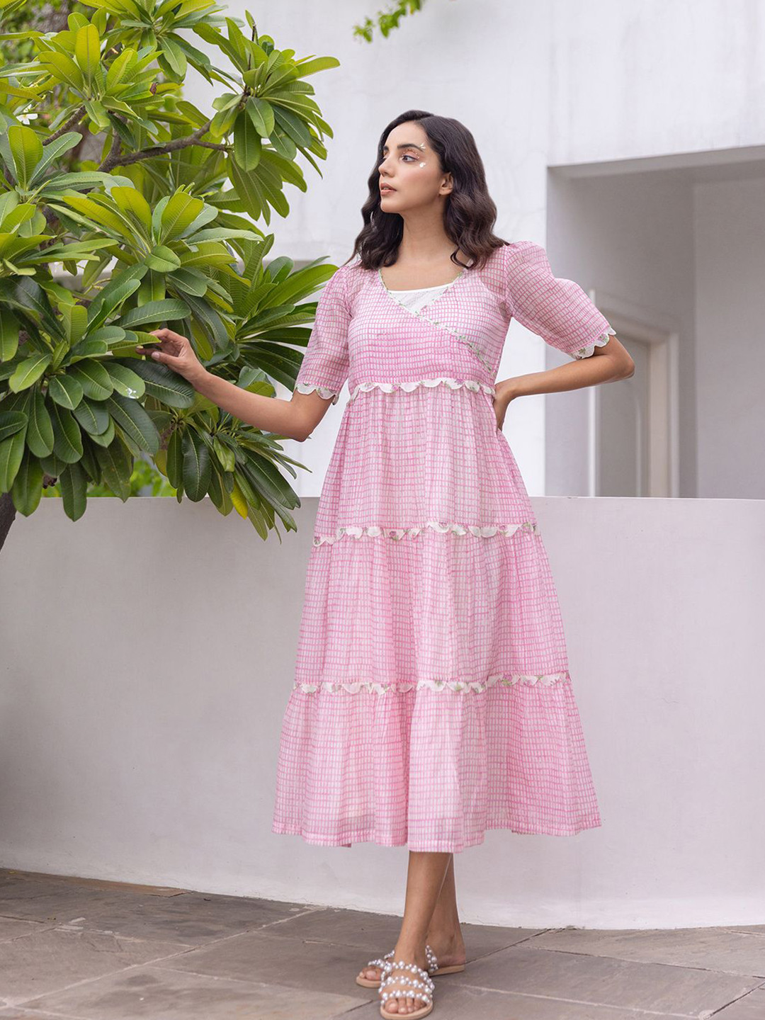 The Yellow Bow Checked Tiered Empire Midi Dress