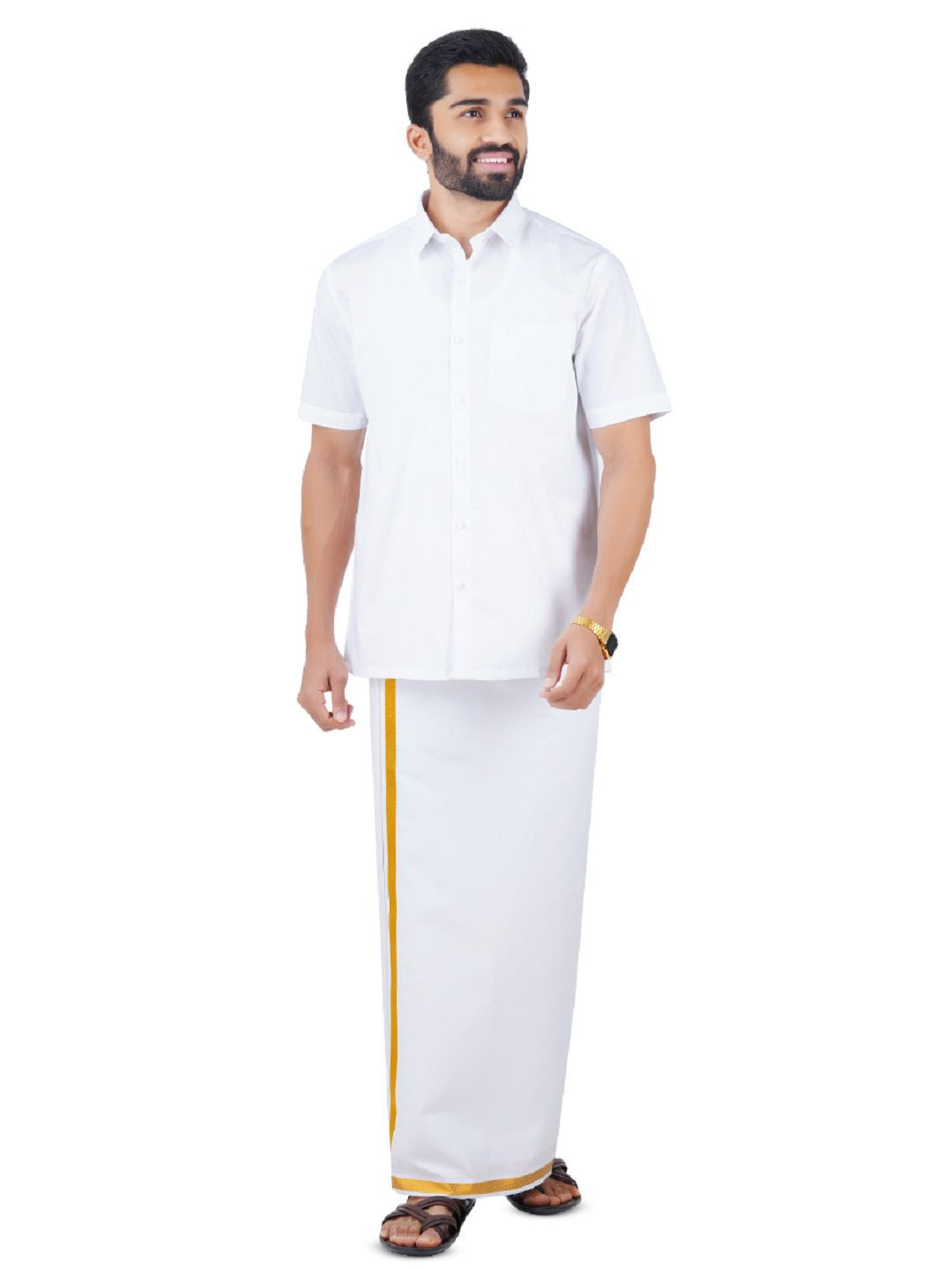 Ramraj Shirt Collar Short Sleeves Zari Pure Cotton Shirt With Dhoti