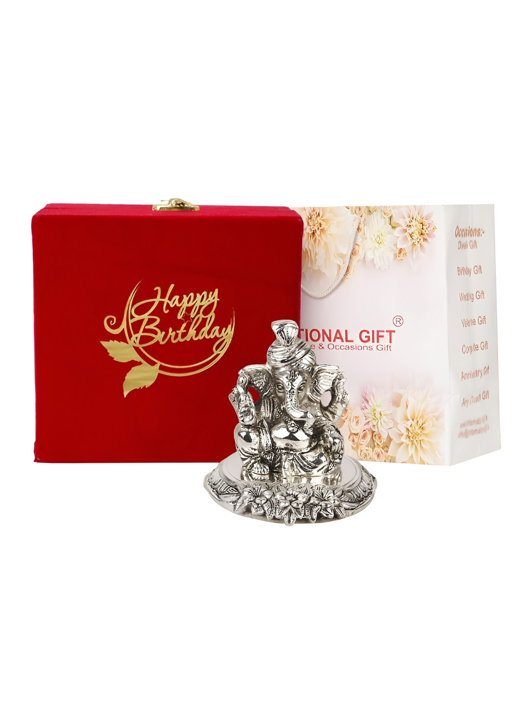 INTERNATIONAL GIFT Pagdi Ganesh God with Happy Birthday Tag and Box Silver Metal Metallic Prayer Room Tiny Showpiece - 3.3 Inches