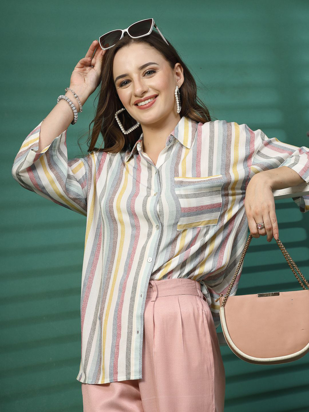 EVERYDAY by ANI Women Original Spread Collar Striped Crepe Tailored Fit Casual Shirt