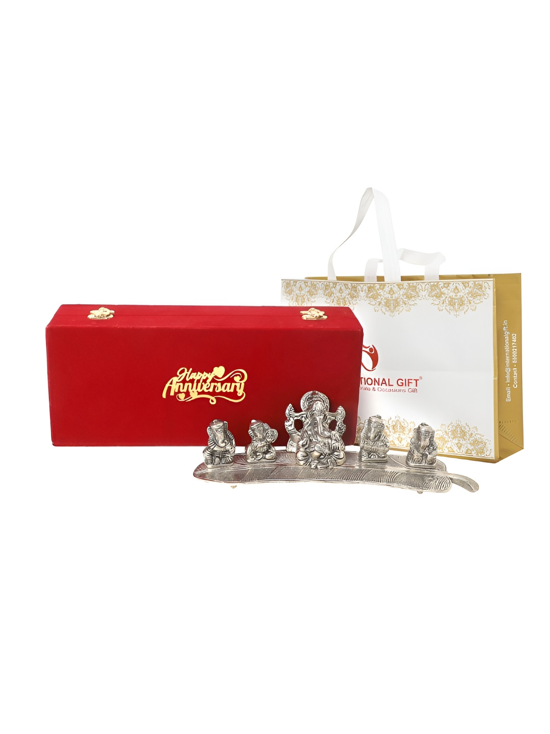 INTERNATIONAL GIFT Musical Ganesh God Silver Brass Metallic Prayer Room Music Medium Showpiece - 3.1 Inches