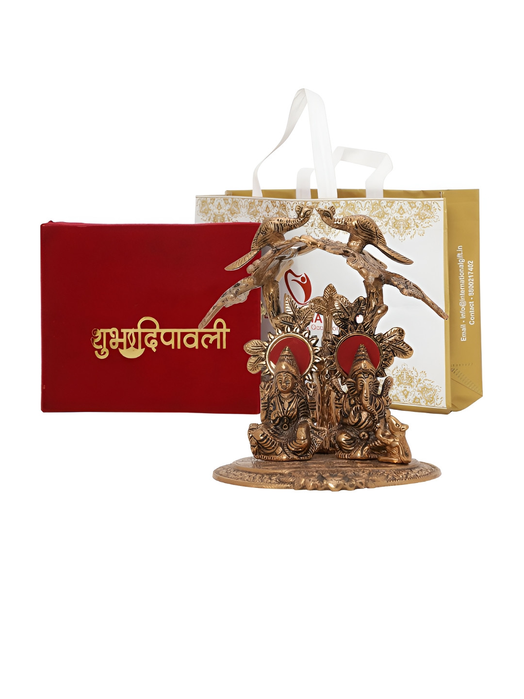 INTERNATIONAL GIFT Laxmi Ganesh Tree with Happy Diwali Tag and Box Copper Metal Metallic Prayer Room Small Showpiece - 7.9 Inches