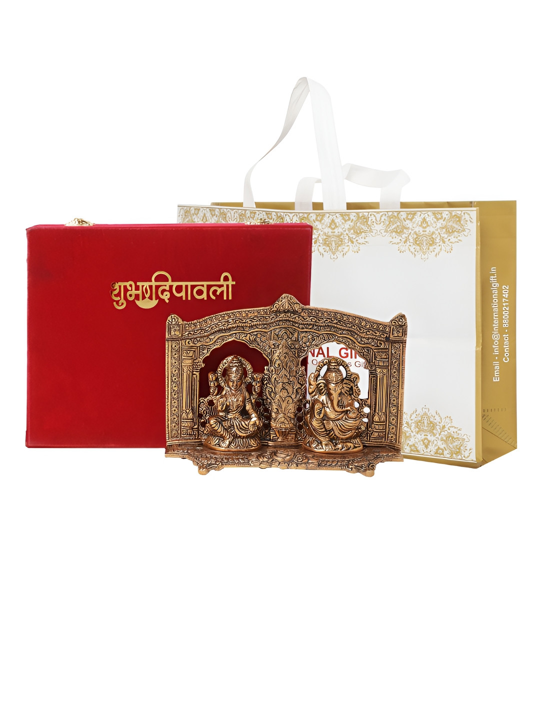 INTERNATIONAL GIFT Laxmi Ganesh God Idol Showpiece with Happy Diwali Tag and Box Copper Metal Metallic Prayer Room Tiny Showpiece - 5.9 Inches