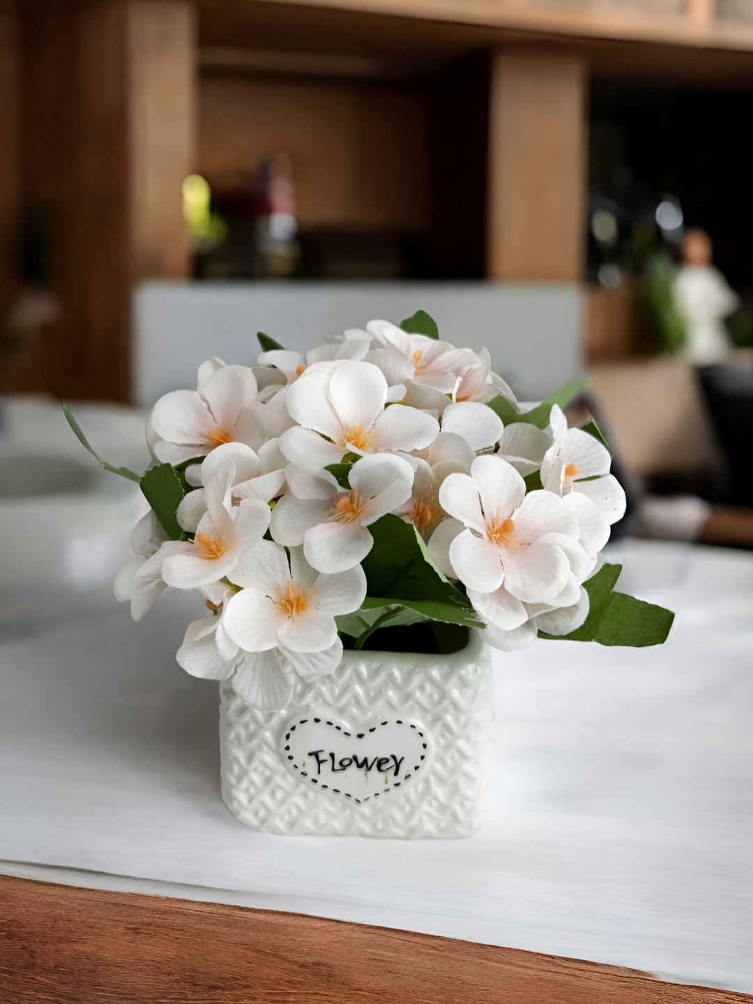 Art Street White Artificial White Blossom Flower Bunch Silk Flower With Ceremic Vase