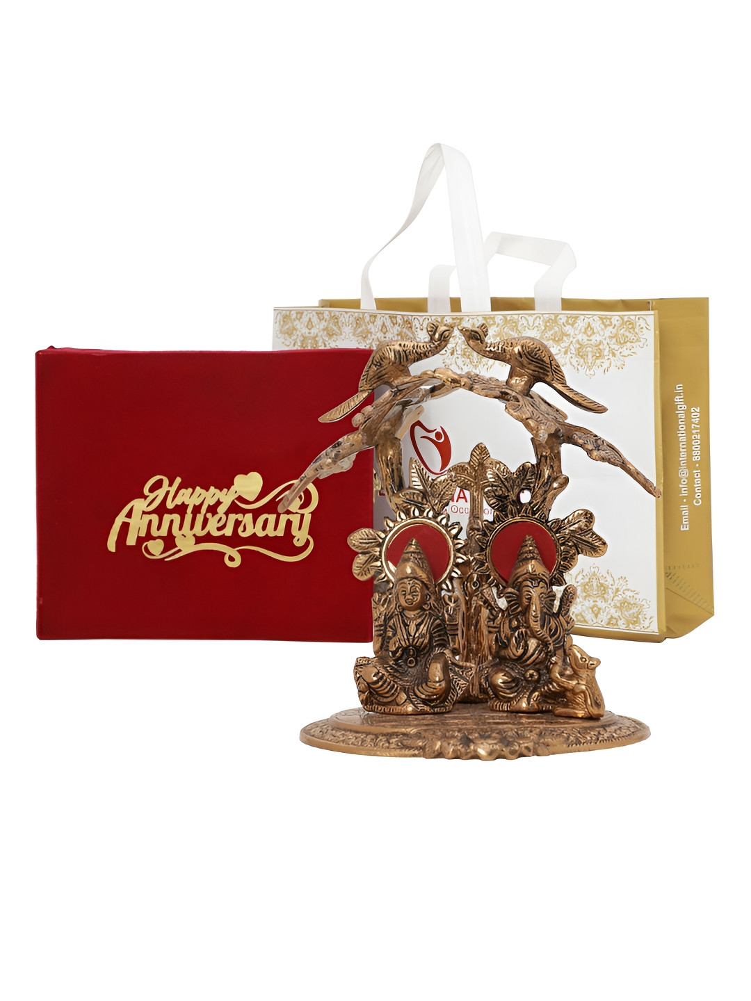INTERNATIONAL GIFT Laxmi Ganesh Tree with Happy Anniversary Tag and Box Copper Metal Metallic Prayer Room Small Showpiece - 7.9 Inches