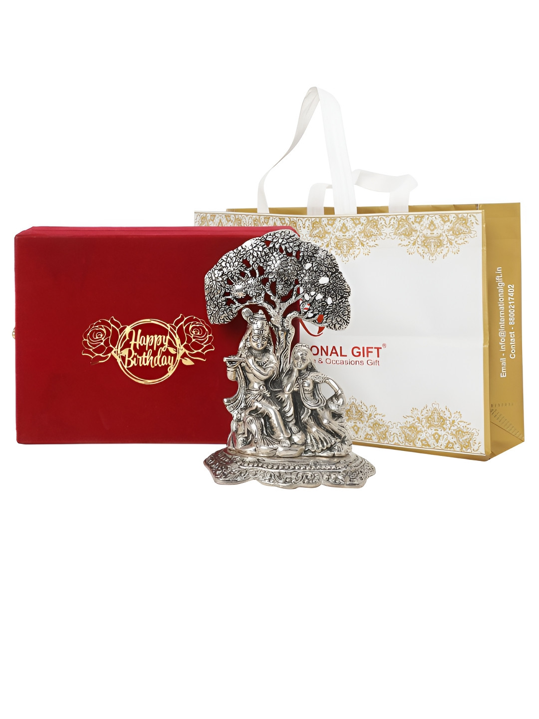 INTERNATIONAL GIFT Shree Radha Krishna Silver Metal Metallic Prayer Room Small Showpiece - 7.1 Inches