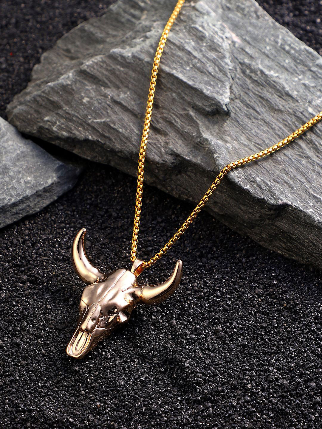 French Accent Men Gold-Plated Longhorn Pendant With Chain