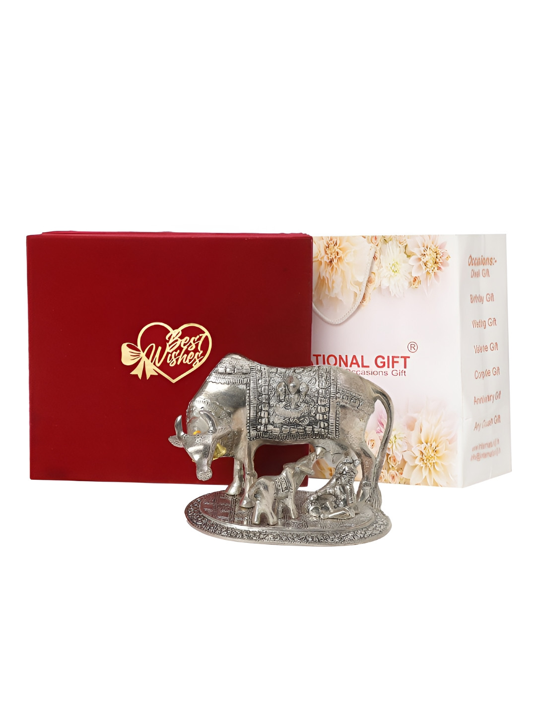 INTERNATIONAL GIFT Kamdhenu Cow Silver Metal Metallic Prayer Room Small Showpiece - 6.7 Inches