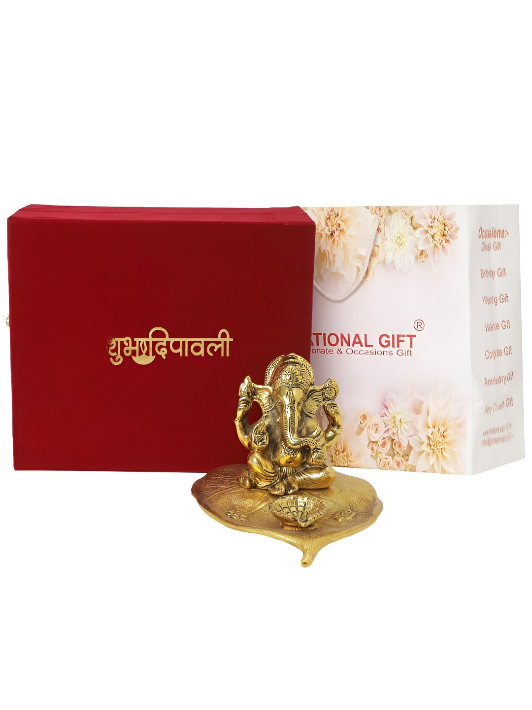 INTERNATIONAL GIFT Patta Ganesh Gold Metal Metallic Prayer Room Small Showpiece - 3.9 Inches