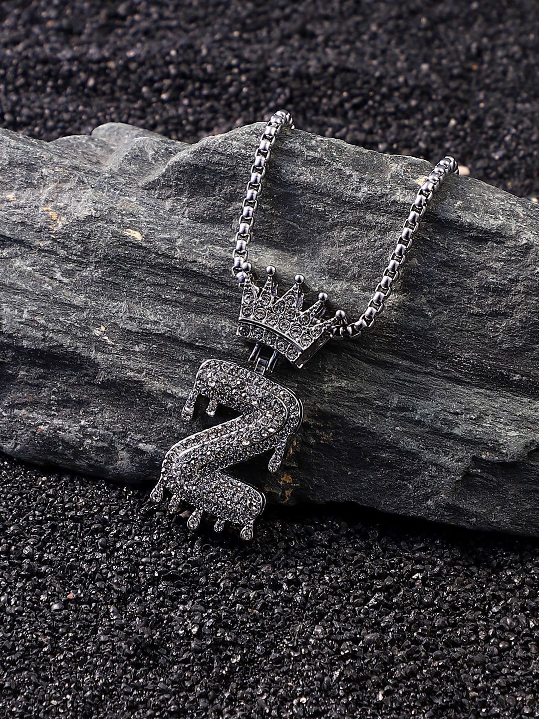 French Accent Men Silver-Plated Stone Studded Drip Alphabet-Z Pendant With Chain