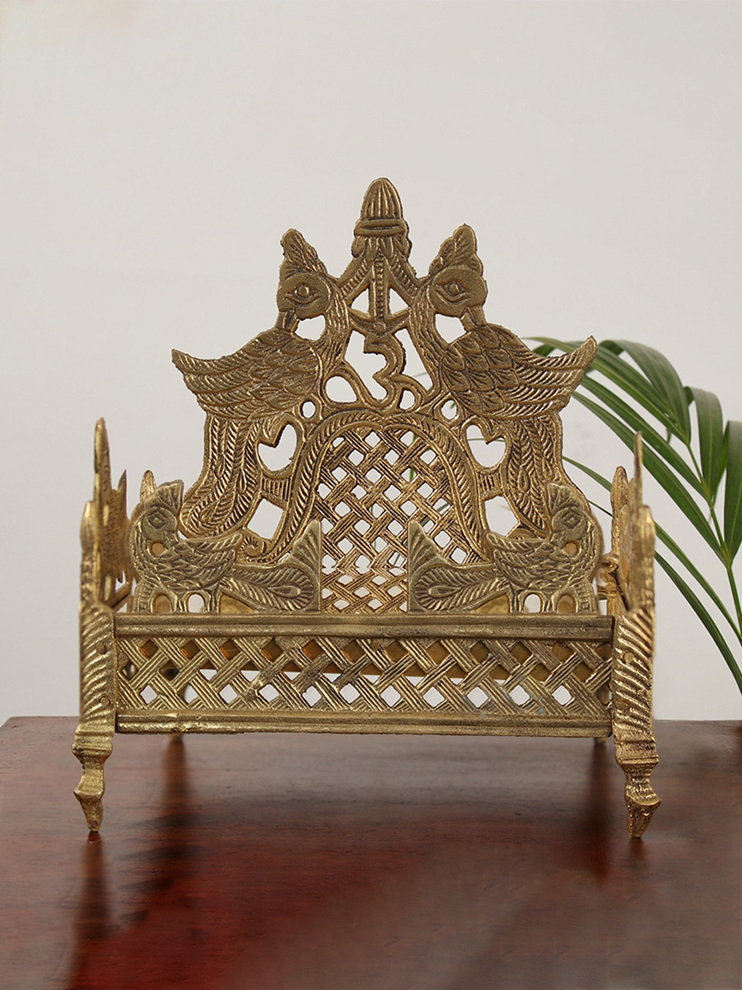 Exotic India Majestic Peacock Throne Gold Brass Metallic Prayer Room Small Showpiece - 9 Inches