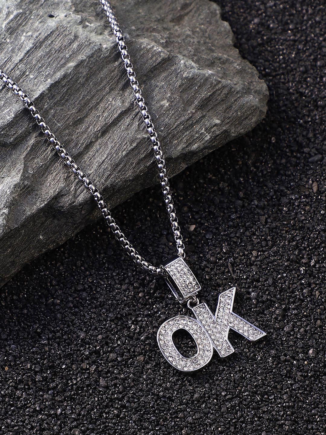 French Accent Men Silver-Plated Stone Studded OK Pendant With Chain