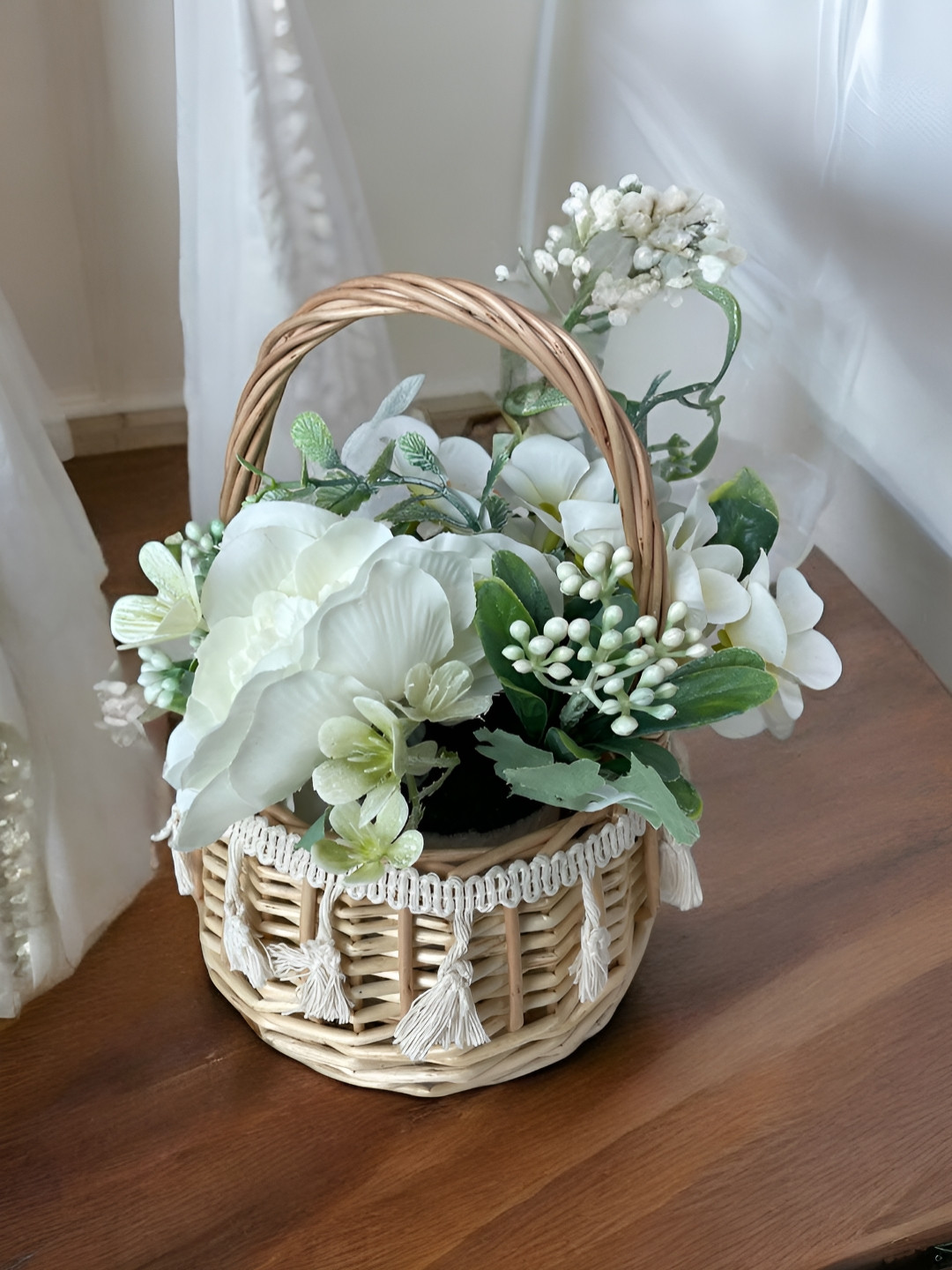 Art Street White & Green Artificial Flowers With Wicker Handwoven Boho Macrame Basket Vase