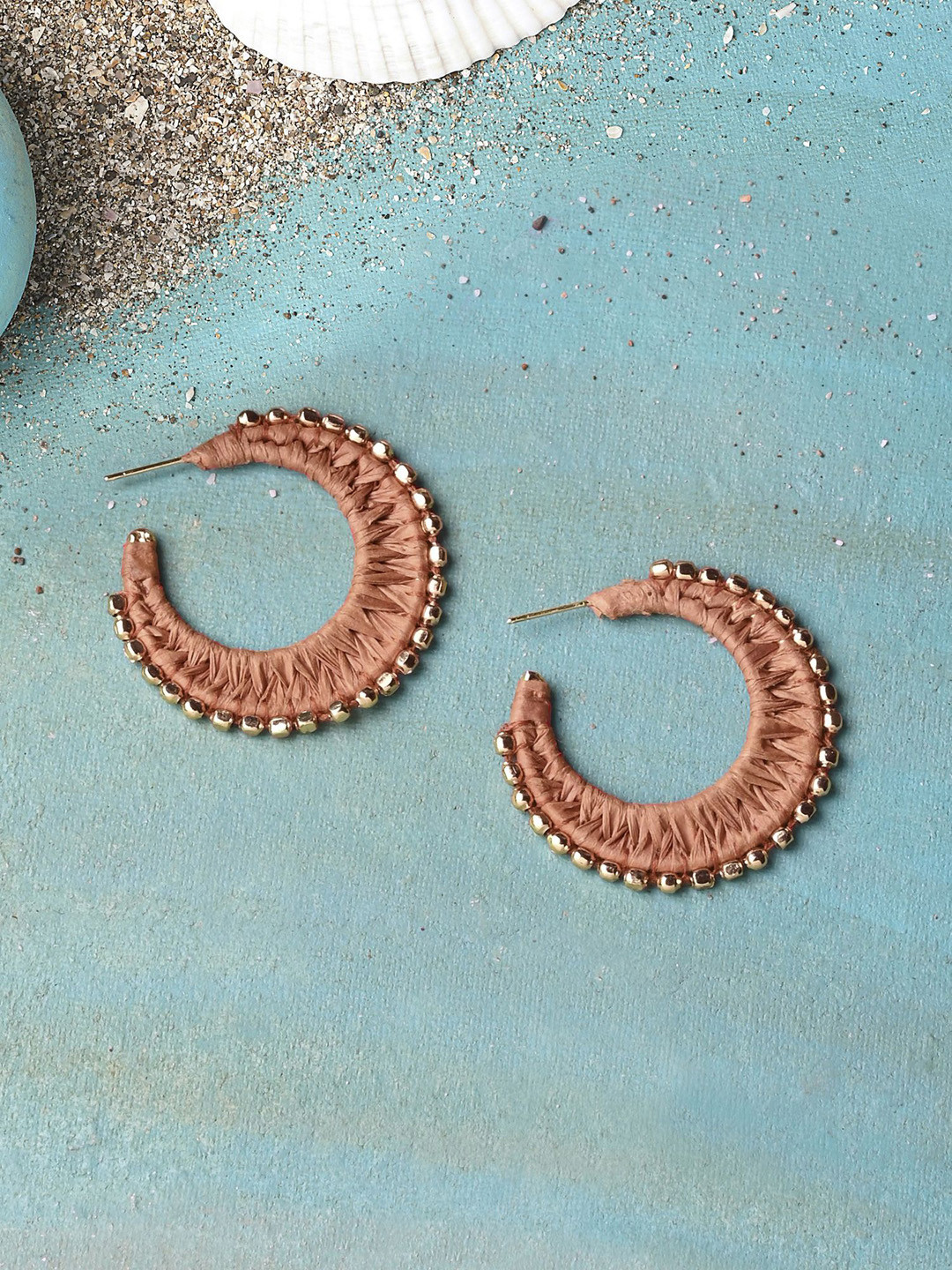 Accessorize Raffia Bobble Circular Brass Half Hoop Earrings