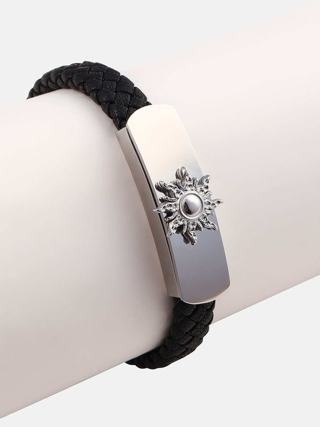 French Accent Men Leather Silver-Plated Onyx Wraparound Bracelet