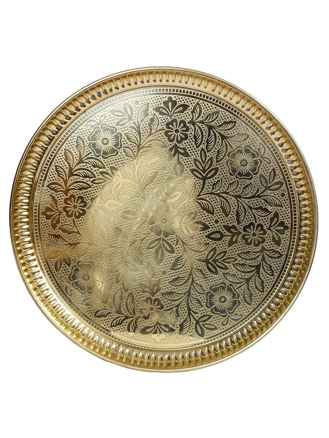 Exotic India Gold-Toned Round Brass Engraved Pooja Plate