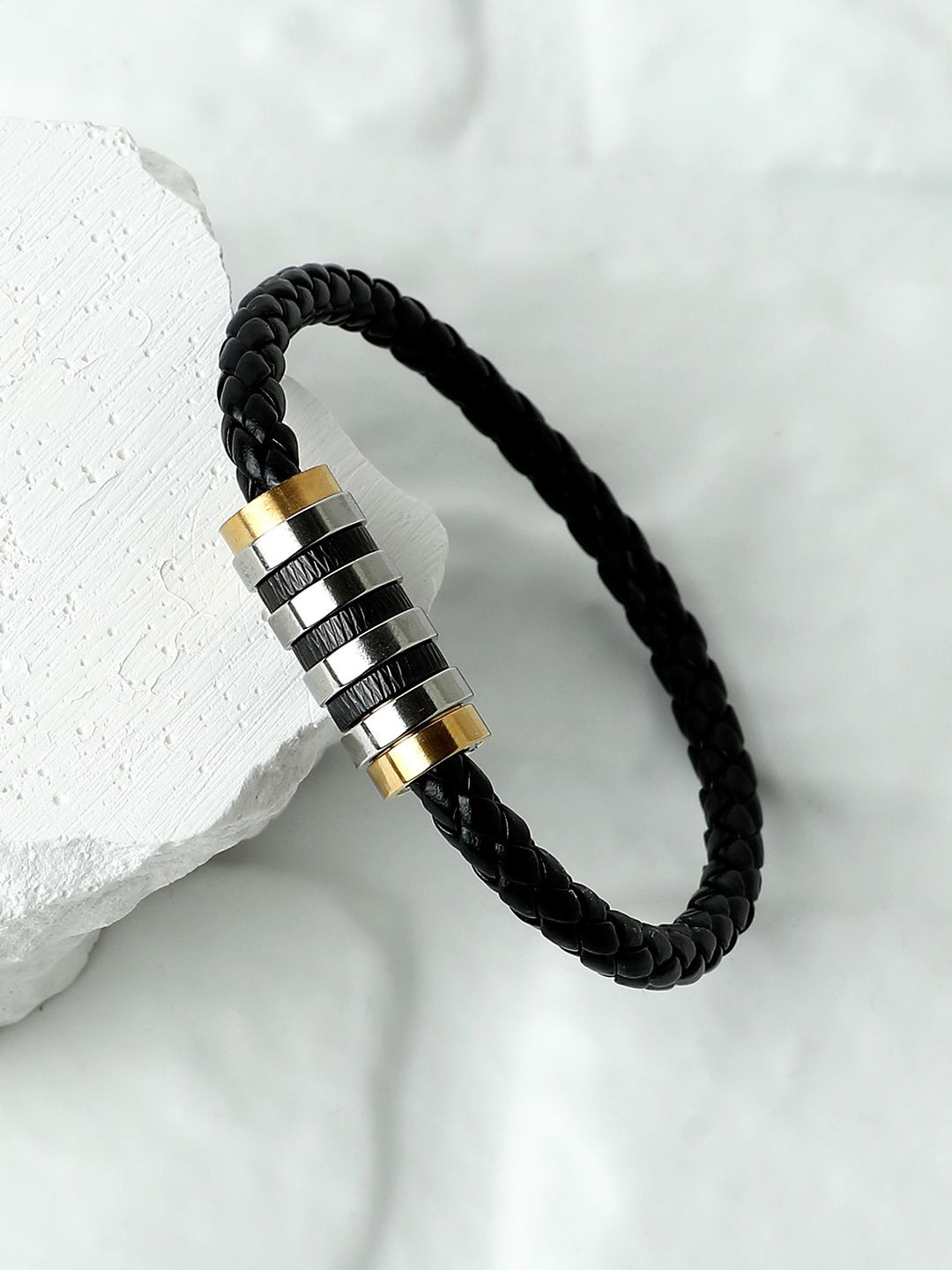 French Accent Men Leather Silver Plated Charm Bracelet