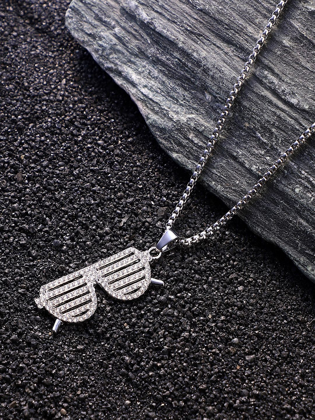 French Accent Men Silver-Plated Stone Studded Shades Pendant With Chain