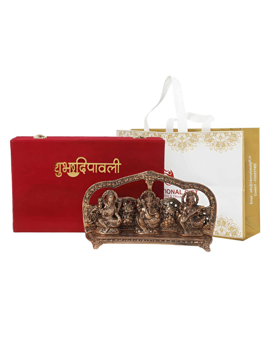 INTERNATIONAL GIFT Laxmi Ganesh Saraswati Copper Metal Metallic Prayer Room Small Showpiece - 5.5 Inches
