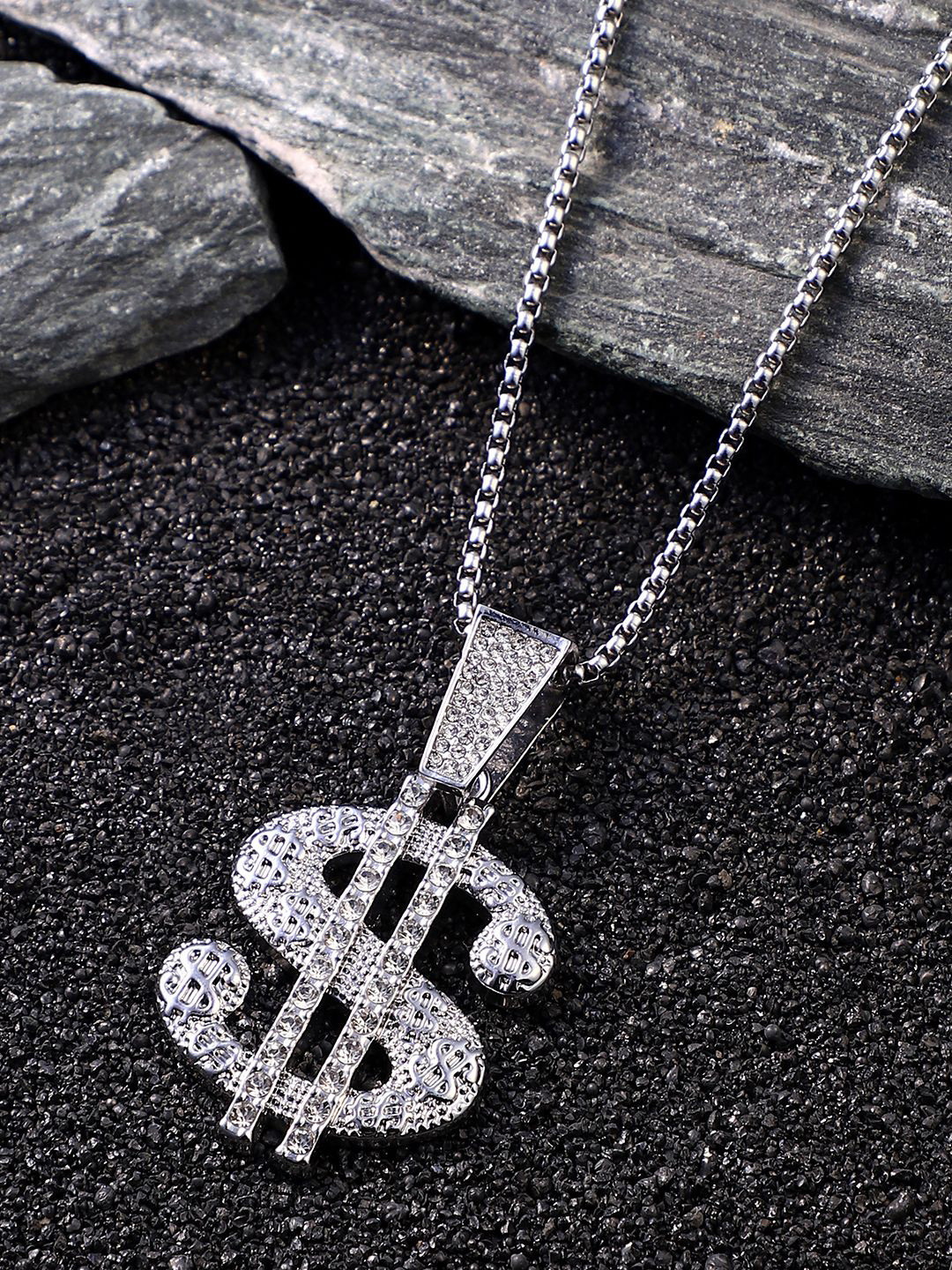 French Accent Men Silver-Plated Stone Studded Dollar Pendant With Chain