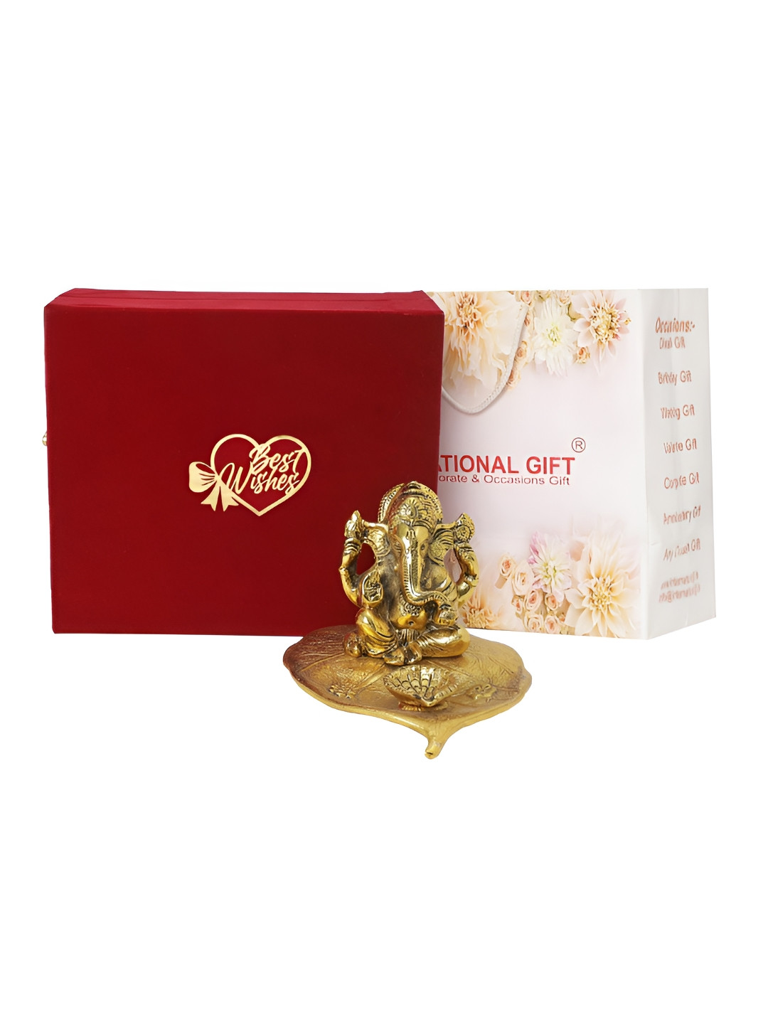 INTERNATIONAL GIFT Patta Ganesh Gold Metal Metallic Prayer Room Small Showpiece - 3.9 Inches