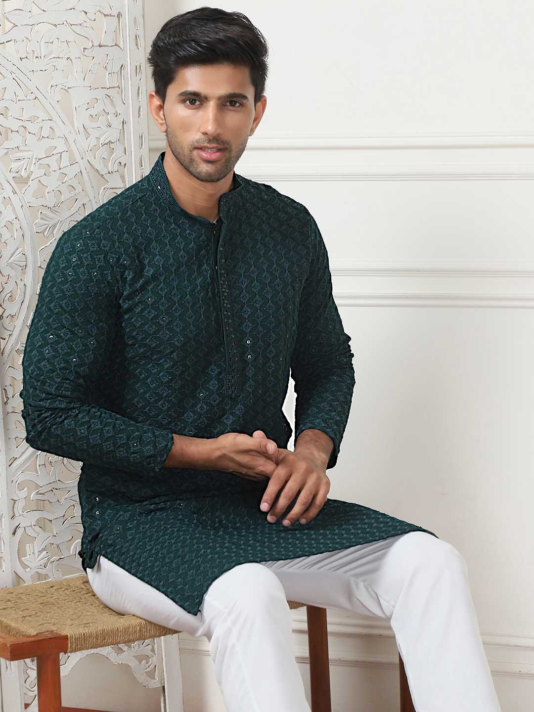 Anouk Olive Green Ethnic Motifs Embroidered Regular Sequined Kurta with Pyjamas