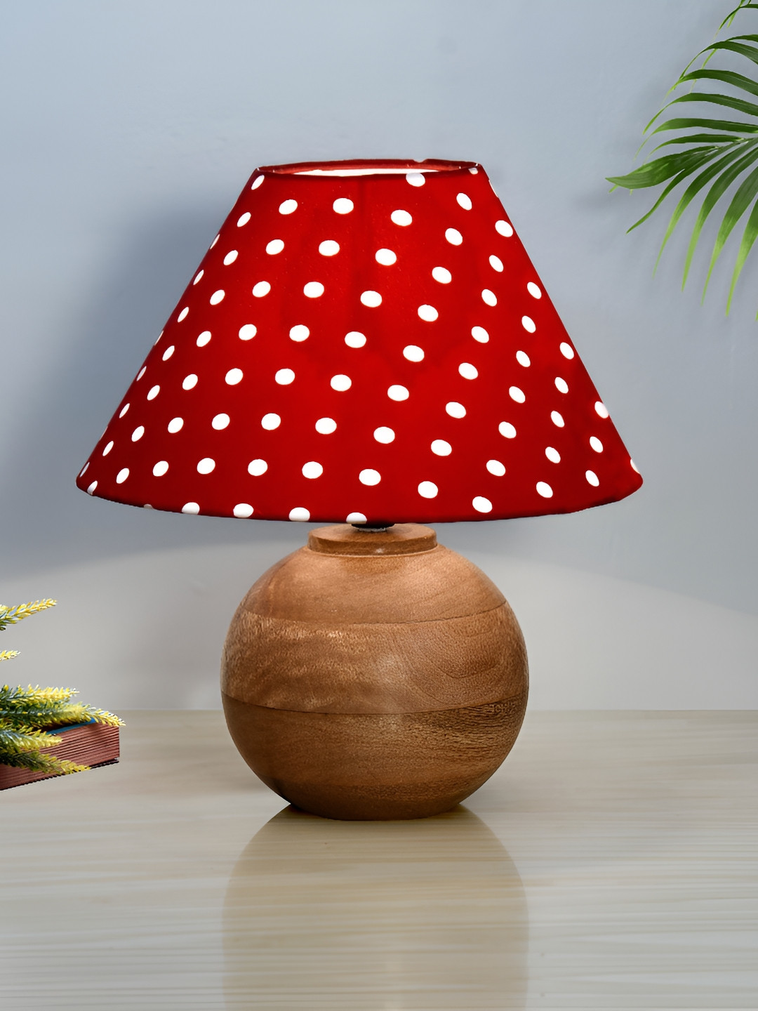 Homesake Red Printed Wood Traditional Bell Shaped Table Lamp with Bulb