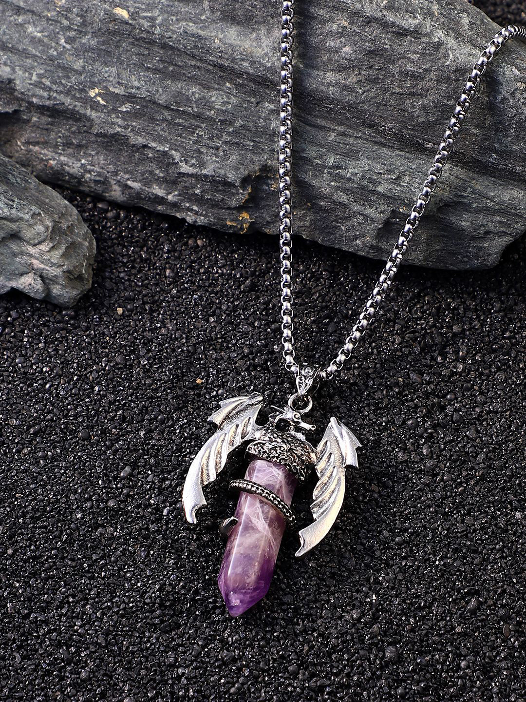 French Accent Men Silver-Plated Stone Studded Wing Crystal Pendants With Chain