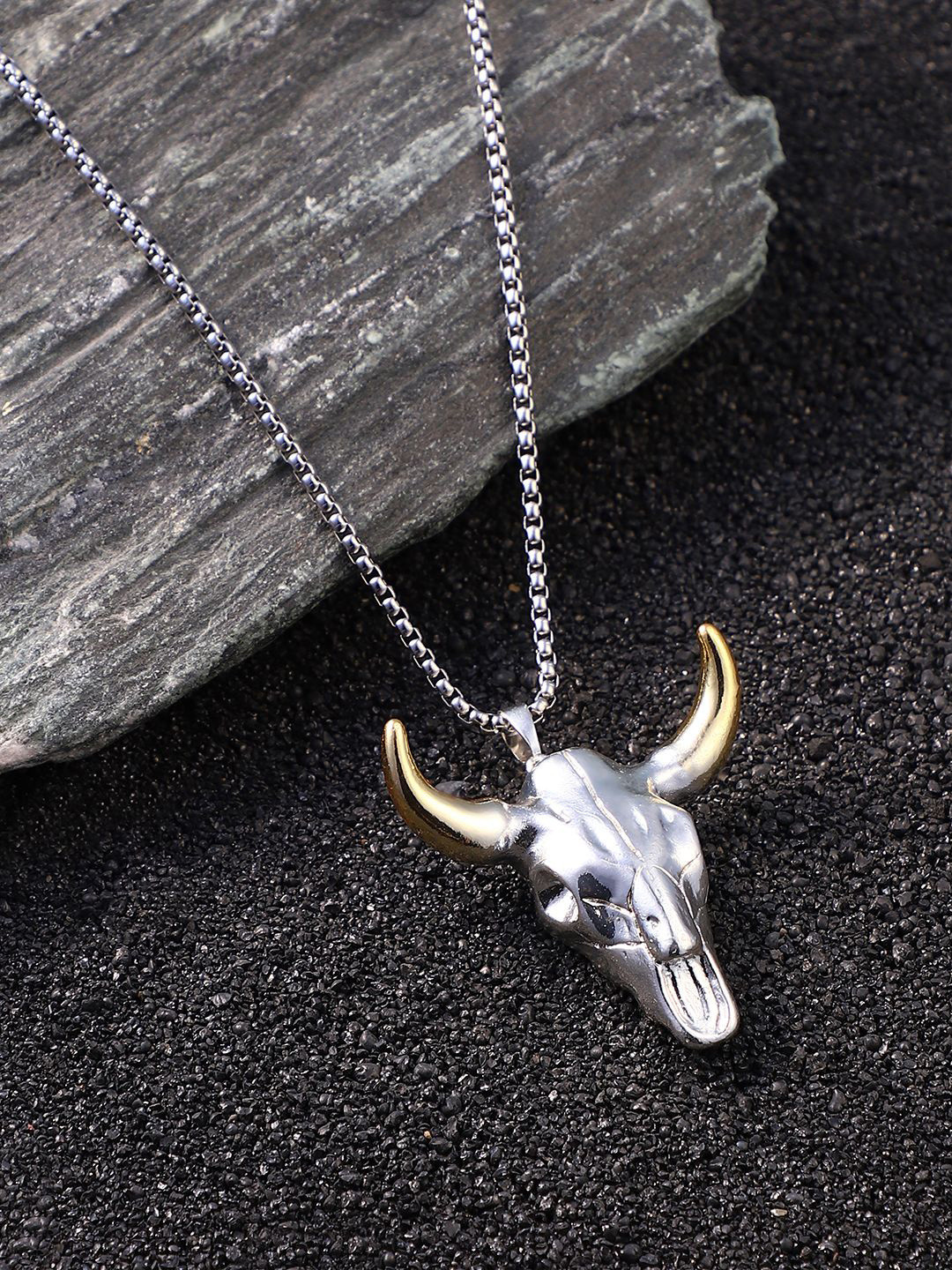 French Accent Men Silver Plated Longhorn Pendant Comes With Chain