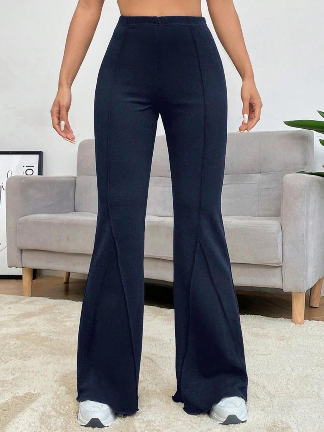 Navy Blue High-Rise Slim Fit Wide Leg Trousers