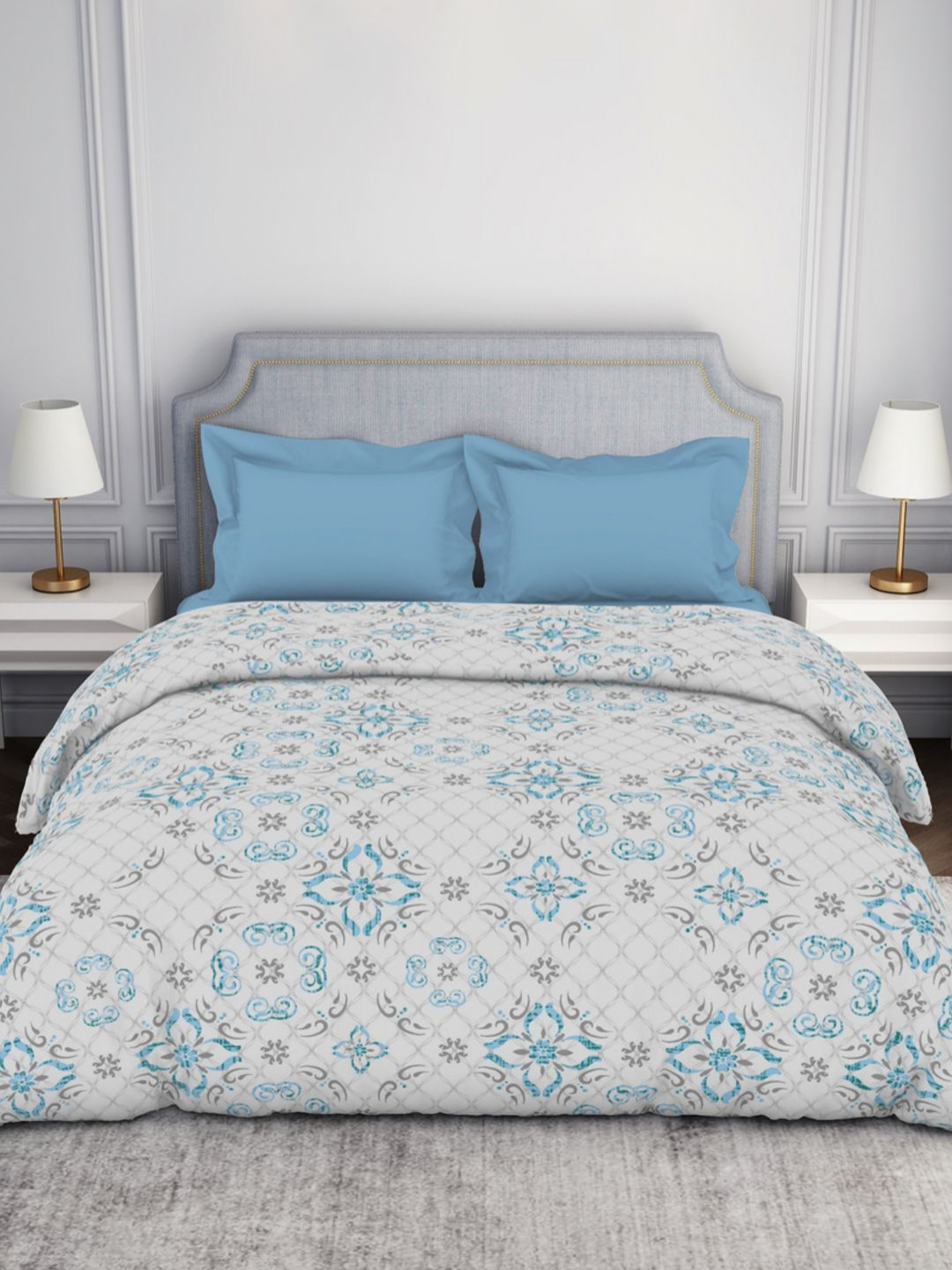 SPACES Blue & Grey Floral Printed 144 TC Pure Cotton Double Bed Comforter