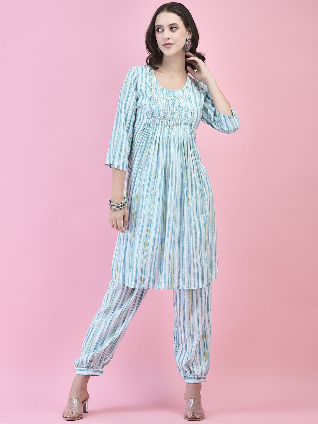 Shree Women Striped Regular Liva Kurta with Harem Pants