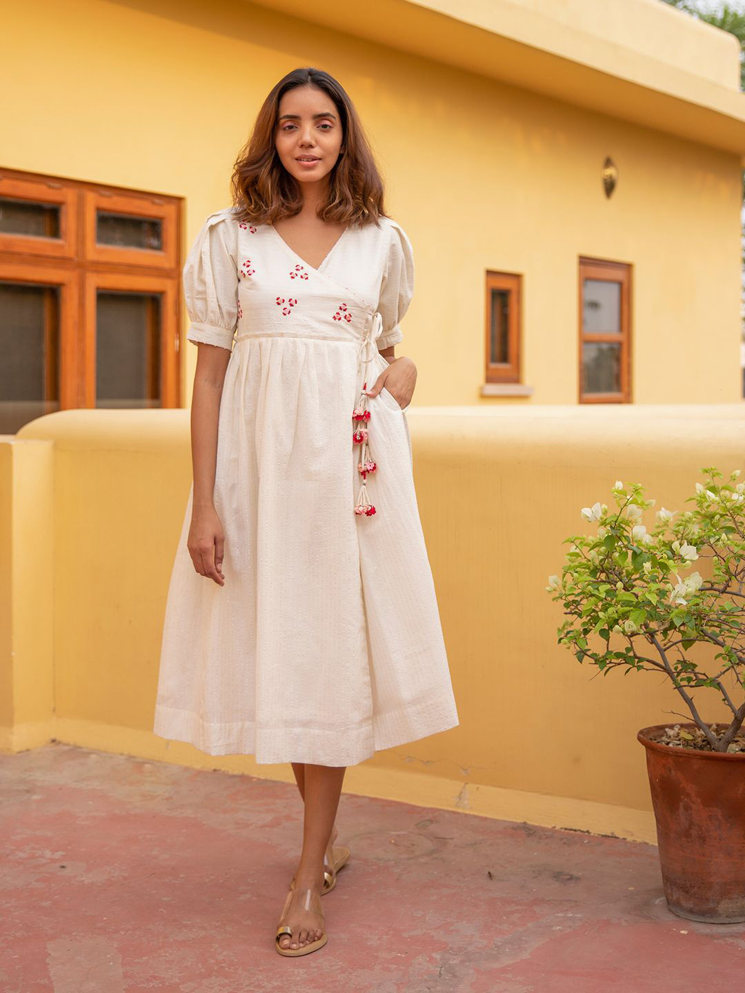 The Yellow Bow Puff Sleeves Wrap Midi Dress