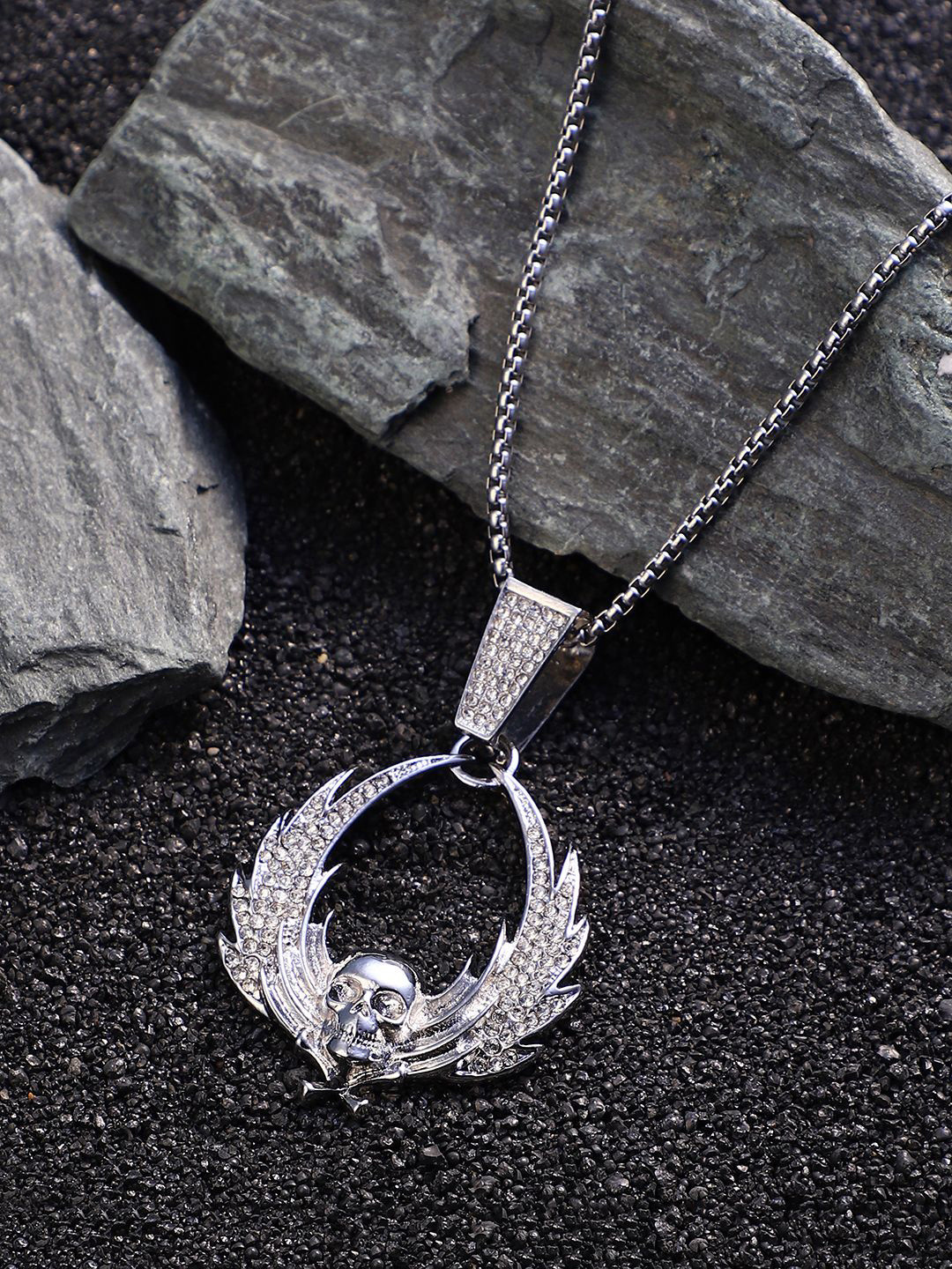 French Accent Men Silver-Plated Devil's Wing Pendant With Chain