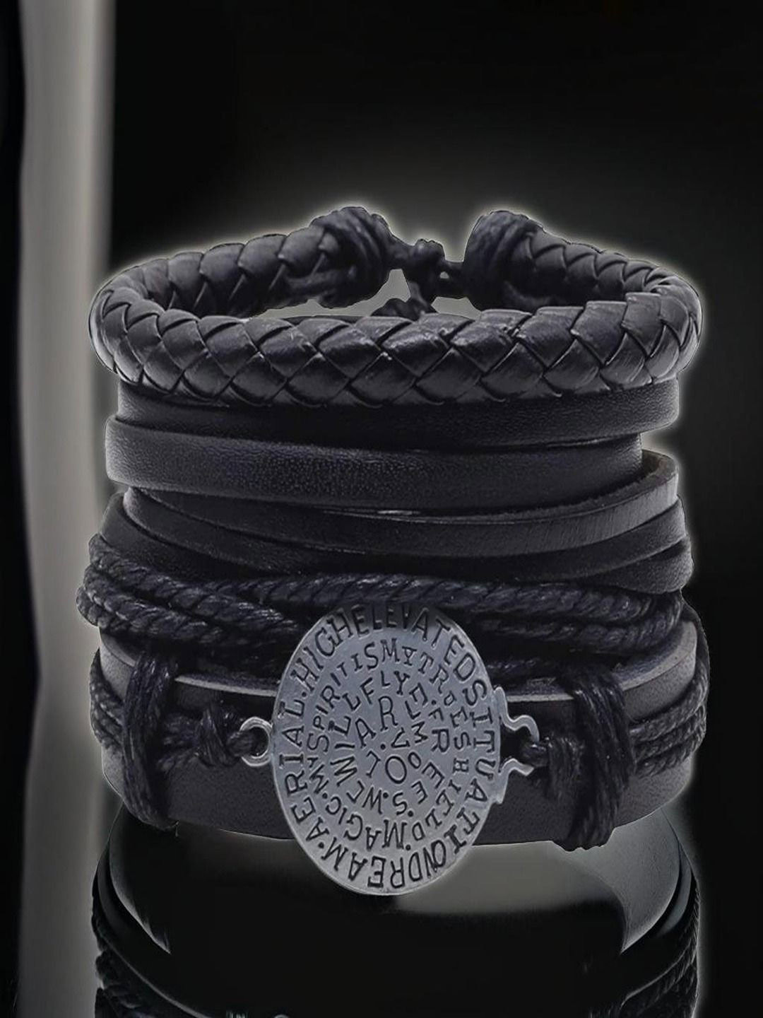 UNIVERSITY TRENDZ Men Set Of 4 Leather Oxidised Multistrand Bracelets