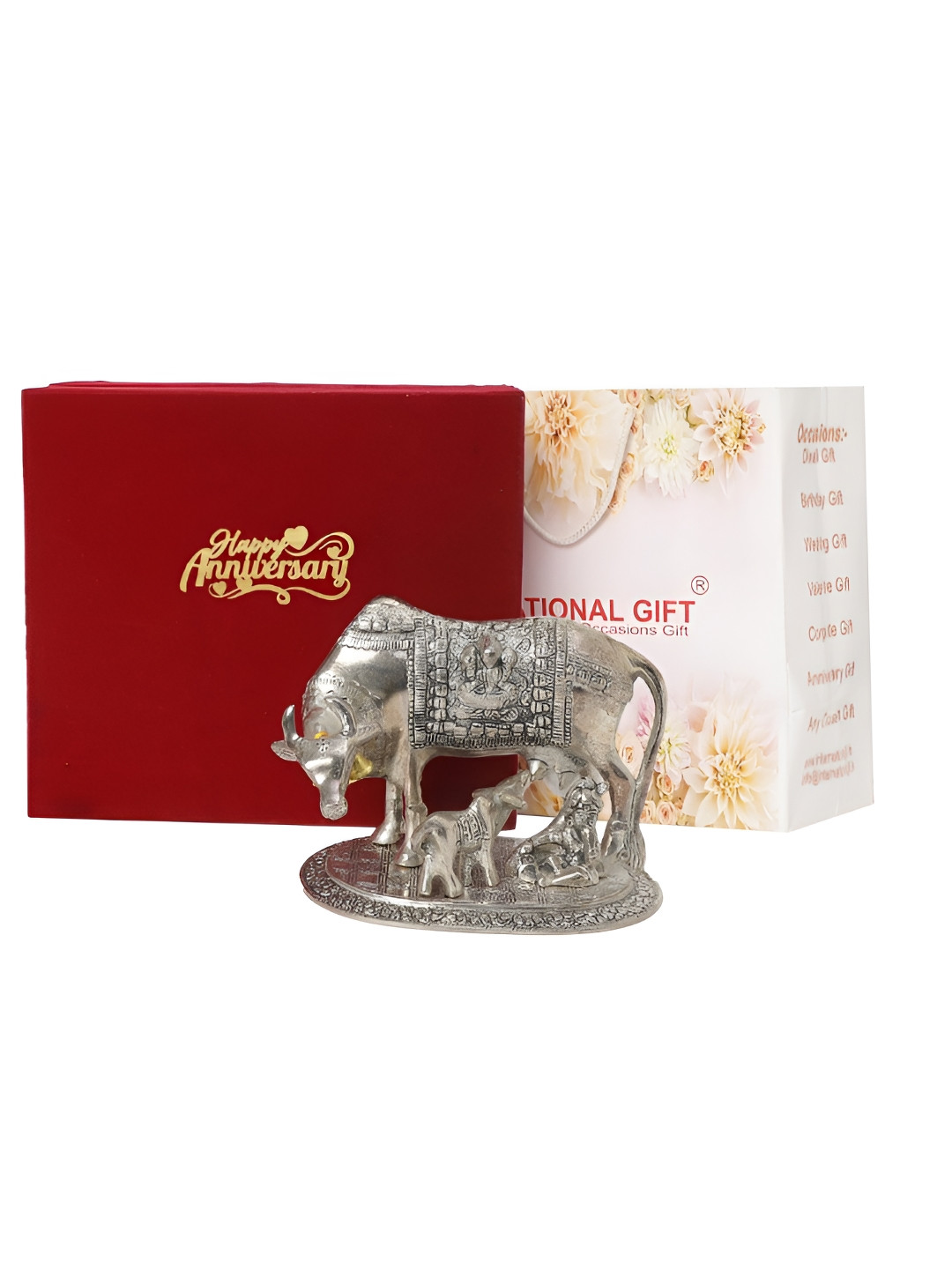INTERNATIONAL GIFT Kamdhenu Cow Silver Metal Metallic Prayer Room Small Showpiece - 6.7 Inches