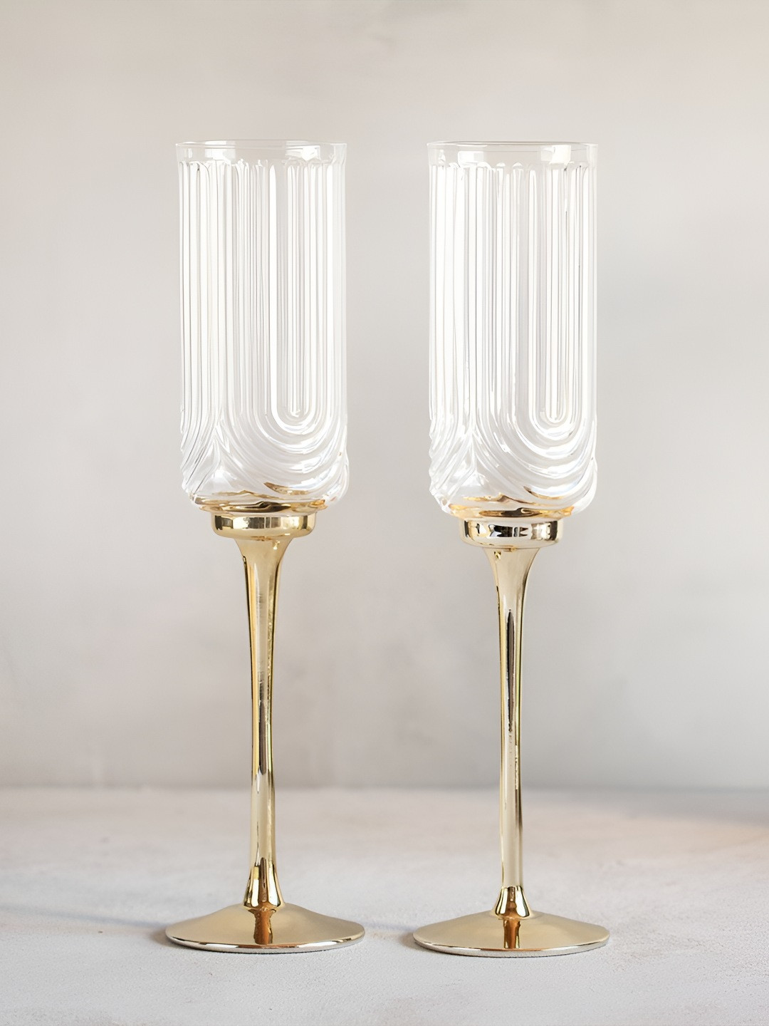 MELBIFY Champagne Goblet Transparent and GoldToned 2 Pieces Ribbed Glass 250ml each